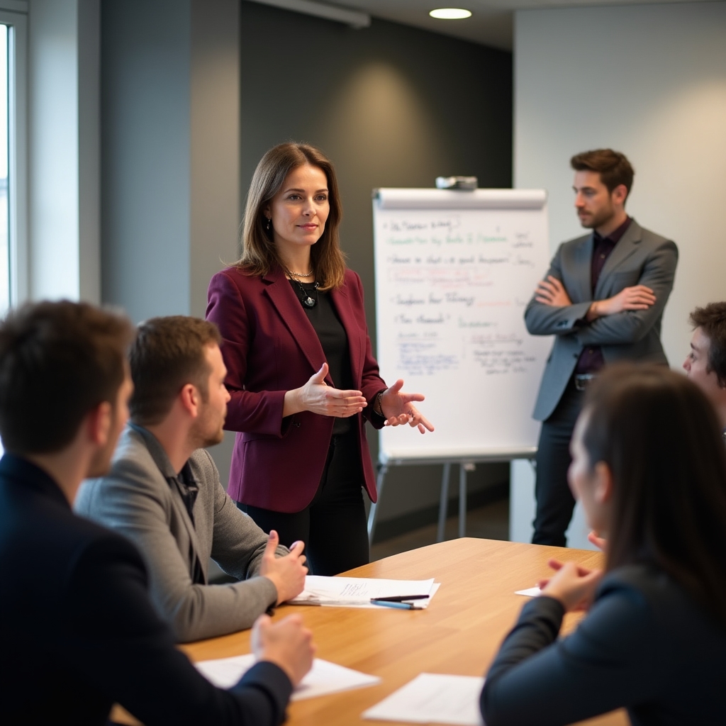 Sesiune de workshop de grup cu participanți la o masă de conferință