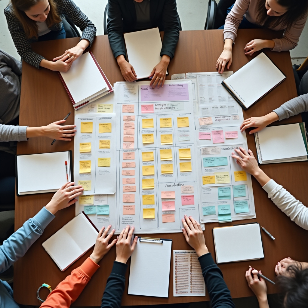 Grup de profesioniști definind domeniul unui proiect pe post-it-uri